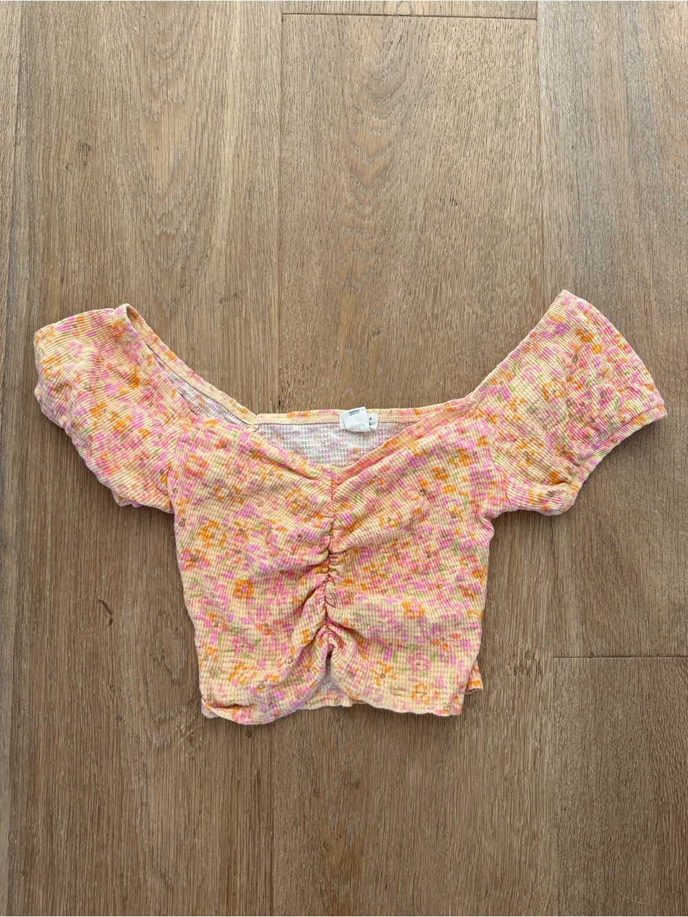 Billabong Pink Peach Floral Ruched Off-Shoulder Crop Top